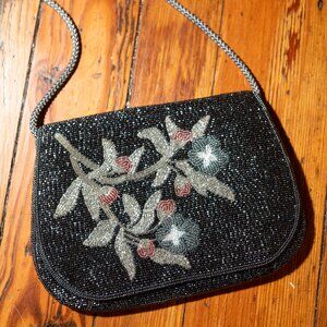 Vintage Berries Black Beaded Evening Shoulder Bag